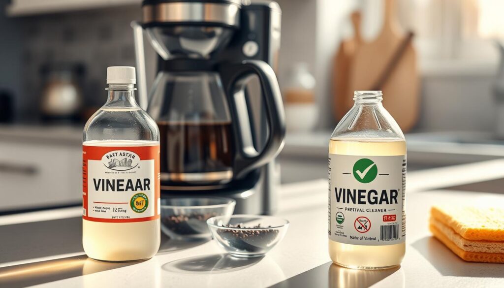 A clean, modern kitchen countertop showcasing a coffee maker with a clear glass carafe filled with freshly brewed coffee. In the foreground, a bottle of vinegar sits next to the coffee maker, labeled with an image of a safe checkmark, emphasizing its safety for cleaning. The middle ground features a small bowl of coffee grounds and a sponge, symbolizing the cleaning process. The background includes bright, natural light coming through a window, casting soft shadows. Use a shallow depth of field to keep the focus on the vinegar and coffee maker, creating a warm and inviting atmosphere, suggesting cleanliness and care.