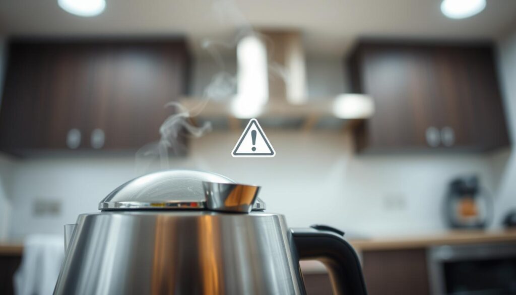 A close-up view of an electric kettle on a kitchen counter, showcasing common safety concerns. In the foreground, focus on the kettle with a clear view of the limescale buildup around the spout. The middle ground features a slightly open lid, revealing steam, while a warning symbol subtly hovers near it, indicating potential risks. The background includes a blurred kitchen setting with bright overhead lighting, creating a lively and informative atmosphere. Use a shallow depth of field to emphasize the kettle and its concerns while keeping the background soft yet recognizable. The overall mood should be educational, aiming to provoke thought about safe kettle use. A close-up view of an electric kettle on a kitchen counter, showcasing common safety concerns. In the foreground, focus on the kettle with a clear view of the limescale buildup around the spout. The middle ground features a slightly open lid, revealing steam, while a warning symbol subtly hovers near it, indicating potential risks. The background includes a blurred kitchen setting with bright overhead lighting, creating a lively and informative atmosphere. Use a shallow depth of field to emphasize the kettle and its concerns while keeping the background soft yet recognizable. The overall mood should be educational, aiming to provoke thought about safe kettle use.
