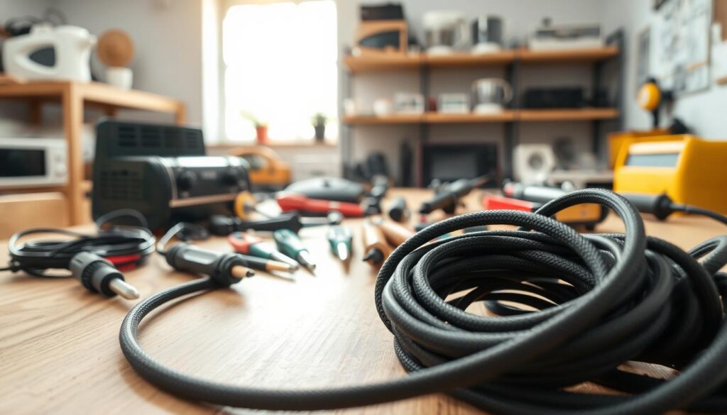 A close-up view of various small appliance cords, neatly coiled and organized on a clean, wooden workbench. The foreground should feature several cords of different colors and textures, including labels indicating repair information subtly attached. In the middle ground, tools like wire strippers, multimeters, and soldering irons are arranged systematically, hinting at a professional repair environment. The background should showcase a soft-focus workshop setting with shelves of small appliances. Natural light streams through a nearby window, creating a warm and inviting atmosphere, while a shallow depth of field emphasizes the cords and tools. The image conveys a sense of professionalism and care in electrical repairs, suitable for both informative and practical contexts. A close-up view of various small appliance cords, neatly coiled and organized on a clean, wooden workbench. The foreground should feature several cords of different colors and textures, including labels indicating repair information subtly attached. In the middle ground, tools like wire strippers, multimeters, and soldering irons are arranged systematically, hinting at a professional repair environment. The background should showcase a soft-focus workshop setting with shelves of small appliances. Natural light streams through a nearby window, creating a warm and inviting atmosphere, while a shallow depth of field emphasizes the cords and tools. The image conveys a sense of professionalism and care in electrical repairs, suitable for both informative and practical contexts.