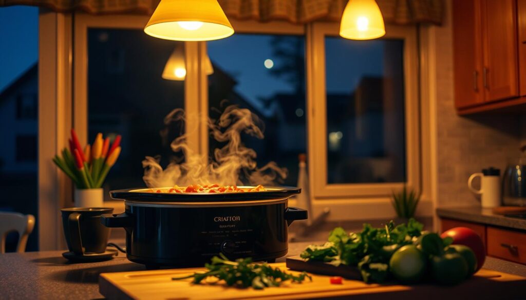 A cozy kitchen at night, softly illuminated by warm overhead lights, focusing on a slow cooker sitting on a countertop. The slow cooker is full of simmering stew, with aromatic steam rising gently, creating a warm and inviting atmosphere. In the foreground, there is a wooden cutting board with chopped vegetables and herbs, suggesting preparation for the meal. In the background, a window reveals a peaceful suburban night scene with a few stars twinkling in the clear sky. The overall mood is calm and comforting, conveying the idea of a leisurely overnight cooking experience. The shot is slightly angled to capture both the slow cooker and the kitchen's inviting ambiance, with a depth of field that softly blurs the background while keeping the cooker in sharp focus.