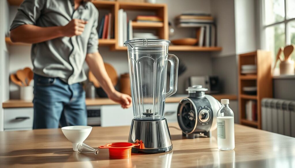 A modern kitchen countertop featuring a stylish blender with a distinct burnt plastic smell. In the foreground, a person in casual yet tidy clothing is inspecting the blender, demonstrating a DIY fix, with a funnel and a small bottle of vinegar nearby. The middle ground shows the blender partially disassembled, with its motor exposed, highlighting the source of the problem. The background includes well-organized kitchen shelves filled with cooking books and utensils. Soft, natural lighting streams in through a nearby window, creating a warm and inviting atmosphere. The scene conveys a sense of urgency and practicality, emphasizing hands-on solutions for common kitchen appliance issues. A modern kitchen countertop featuring a stylish blender with a distinct burnt plastic smell. In the foreground, a person in casual yet tidy clothing is inspecting the blender, demonstrating a DIY fix, with a funnel and a small bottle of vinegar nearby. The middle ground shows the blender partially disassembled, with its motor exposed, highlighting the source of the problem. The background includes well-organized kitchen shelves filled with cooking books and utensils. Soft, natural lighting streams in through a nearby window, creating a warm and inviting atmosphere. The scene conveys a sense of urgency and practicality, emphasizing hands-on solutions for common kitchen appliance issues.