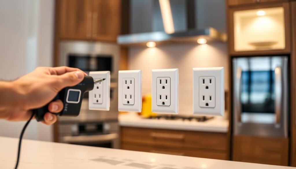 A modern kitchen scene featuring a close-up view of several sleek GFCI outlets installed above a stylish countertop. The outlets are white with a textured finish, surrounded by a contemporary backsplash that contrasts in color. Bright, even lighting highlights the outlets, creating a clean and inviting atmosphere. In the foreground, a hand can be seen testing the outlets with a voltage tester, showcasing their functionality and importance. In the background, soft focus reveals modern kitchen elements like stainless steel appliances and wooden cabinetry, enhancing the overall aesthetic. The image should convey safety, modernity, and the importance of reliable electrical features in a kitchen setting.
