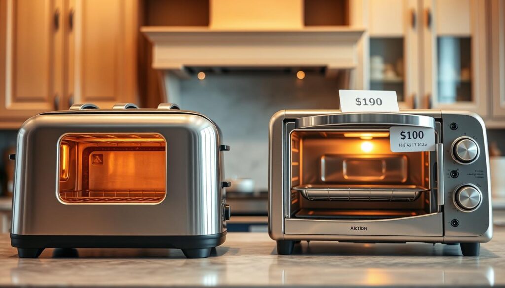 A visually engaging side-by-side comparison of a traditional toaster and a toaster oven, set on a modern kitchen countertop. In the foreground, the toaster is sleek and shiny, with its slots open, while the toaster oven displays its interior with a glowing heating element and a baking tray. The middle layer features a price tag for each appliance with a dollar sign, showcasing their respective costs. The background is a softly lit kitchen environment with warm tones and elegant cabinetry, enhancing the homey atmosphere. The scene is captured with a shallow depth of field, focusing sharply on the appliances while gently blurring the kitchen backdrop, creating a cozy yet informative mood.