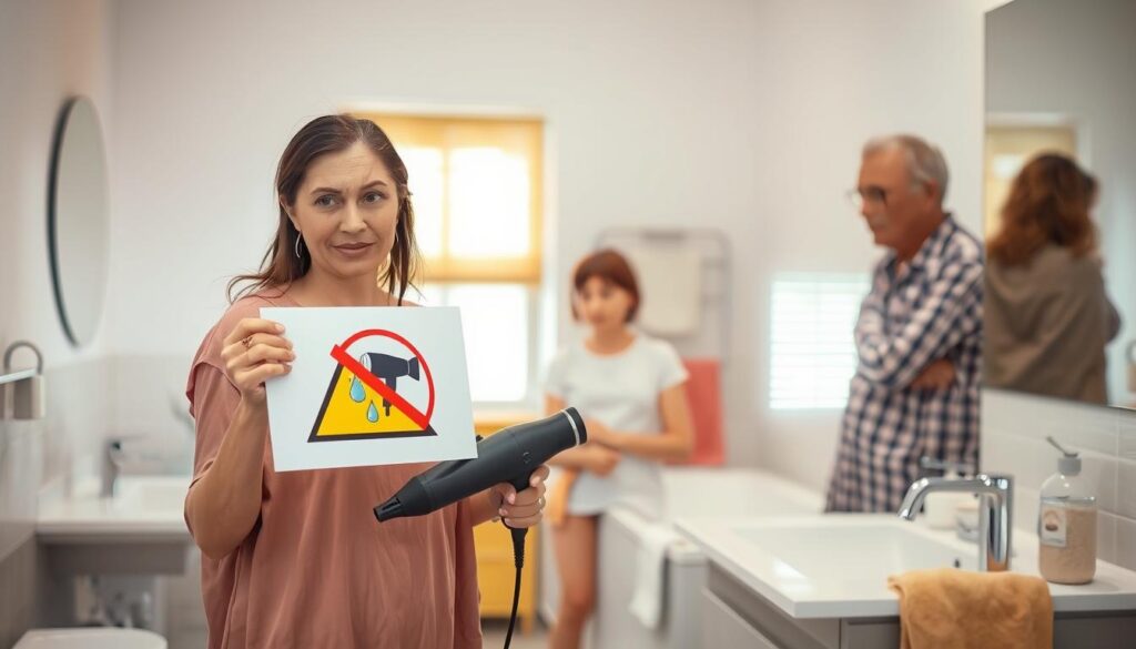 In a well-lit bathroom, a family is gathered around a vanity, demonstrating safety awareness regarding electrical appliances. In the foreground, a mother in modest casual clothing is holding a hair dryer, looking concerned as she gestures towards a warning sign displaying a crossed-out hair dryer near a water droplet. Beside her, a child watches attentively, and an older relative nods in understanding. In the middle ground, ensure there are safe bathroom appliances visible, like a sink and a bathtub, placed thoughtfully away from each other. The background features bright, cheerful colors to convey a warm atmosphere while maintaining a serious, informative tone. The lighting is soft and natural, creating a friendly yet focused mood to emphasize the importance of safety in wet areas.