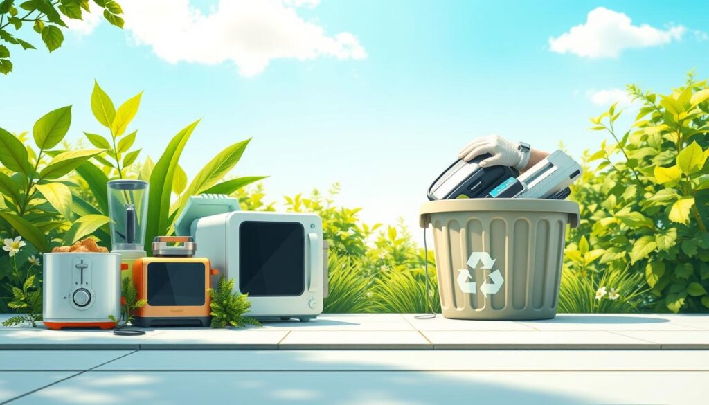 Vibrant illustration of environmental considerations in appliance replacement. In the foreground, depict a set of small, energy-efficient appliances (like a toaster, blender, and coffee maker) surrounded by green plants and recycling symbols. In the middle ground, show a recycling bin filled with old appliances, alongside a pair of hands (wearing gloves) carefully placing them inside. The background features a sunny outdoor scene, with clear blue skies and a few fluffy clouds, symbolizing a clean environment. Use soft, natural lighting to create a welcoming atmosphere. The perspective should be slightly elevated, capturing both the foreground details and the serene background, conveying a message of responsible consumer choices and sustainability.