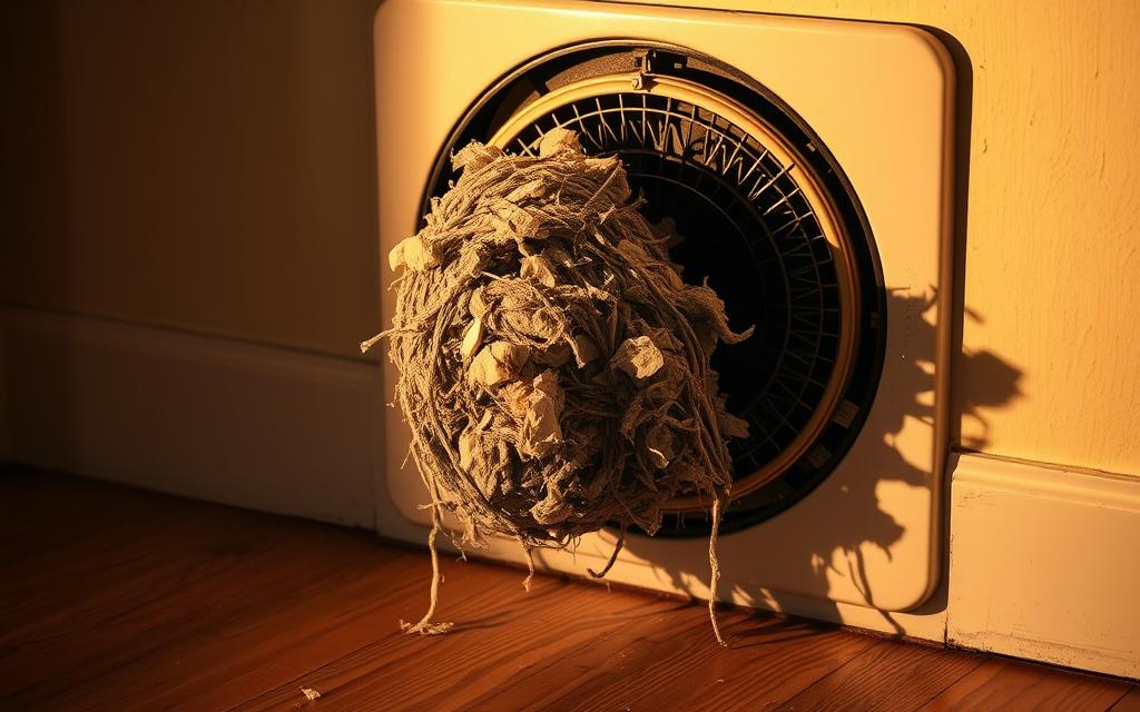 A clogged dryer vent, its opening partially obstructed by a tangled mass of lint and debris. The vent protrudes from the wall, casting a long shadow across the floor. Warm, golden light illuminates the scene, creating a sense of domestic unease. The vent's metal grate is partially obscured, hinting at the blockage within. The overall composition suggests the need for maintenance and the potential risks of neglect.