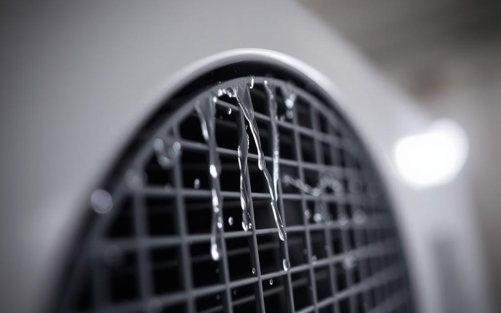 A close-up shot of an air handler unit, with water droplets glistening and dripping from the metal grille. The scene is captured in a soft, diffused lighting that accentuates the texture and moisture. The background is subtly blurred, keeping the focus on the dripping water and the air handler's sleek, modern design. The image conveys a sense of subtle, ambient unease, hinting at the potential issues that may arise from this indoor water leakage, setting the stage for the "When to Call a Professional HVAC Technician" section of the article.