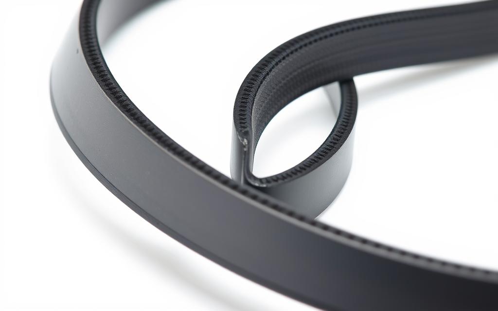 A close-up view of a replacement dryer belt, with a smooth, black rubber surface and sturdy construction, positioned against a crisp, white background. The belt is slightly curved, highlighting its flexibility and durability. Bright, even lighting from multiple angles showcases the belt's texture and structural details. The image is shot with a macro lens, emphasizing the intricate design and craftsmanship of this essential dryer component.