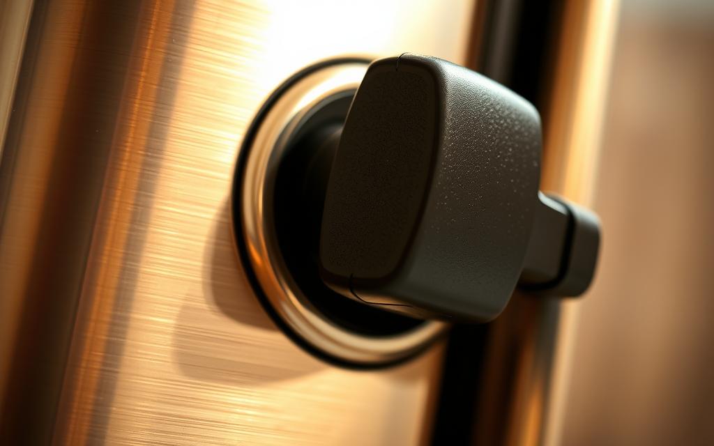 A close-up view of a toaster lever in a partially open position, revealing the inner mechanics. The lever is suspended mid-motion, with the locking mechanism disengaged, suggesting a malfunction. Warm, diffused lighting illuminates the brushed metal and plastic surfaces, creating a sense of familiarity and technical intrigue. The composition focuses on the lever and its surroundings, with a slight angle to convey the viewer's perspective, as if examining the issue at hand. The background is softly blurred, drawing the eye to the central point of interest - the toasting cycle mechanism that has failed to properly lock in place. A close-up view of a toaster lever in a partially open position, revealing the inner mechanics. The lever is suspended mid-motion, with the locking mechanism disengaged, suggesting a malfunction. Warm, diffused lighting illuminates the brushed metal and plastic surfaces, creating a sense of familiarity and technical intrigue. The composition focuses on the lever and its surroundings, with a slight angle to convey the viewer's perspective, as if examining the issue at hand. The background is softly blurred, drawing the eye to the central point of interest - the toasting cycle mechanism that has failed to properly lock in place.