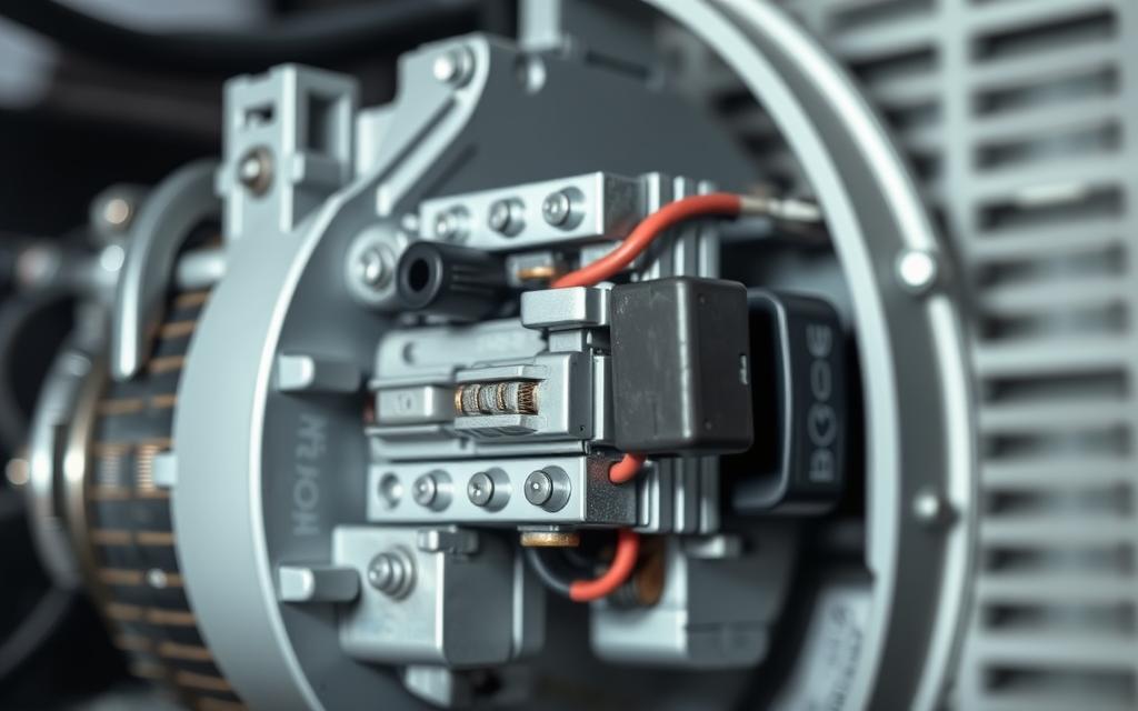 A close-up view of an air conditioning compressor, its internal mechanism exposed, revealing the intricate workings of the relays and switches responsible for the distinctive clicking noises. The image is captured with a crisp, technical aesthetic, using neutral lighting to highlight the metallic components and their precise engineering. The focus is on the interplay of the electrical parts, conveying a sense of the complex systems at play within the AC unit. The background is blurred, drawing the viewer's attention to the central diagnostic elements, emphasizing the importance of understanding the root causes of these common AC issues.
