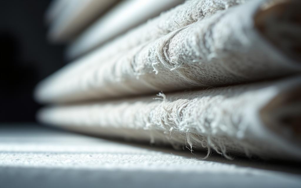 A close-up view of an air conditioning filter felt, showcasing its intricate texture and fibrous structure. The filter is illuminated by soft, diffused lighting, casting gentle shadows that accentuate its surface details. The background is blurred, creating a sense of depth and focus on the filter itself. The composition emphasizes the filter's role in maintaining air quality and its importance in the overall air conditioning system. The image conveys a sense of cleanliness, efficiency, and environmental awareness, reflecting the subject matter of the article section.