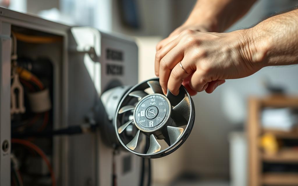 A crisp, well-lit close-up of a technician's hands carefully removing a failed capacitor fan from an electrical appliance. The fan is positioned in the foreground, revealing its corroded and worn components. The background is blurred, with a clean, minimalist workshop setting in soft, neutral tones, drawing the viewer's attention to the intricate task at hand. The lighting is natural and directional, casting subtle shadows that emphasize the textures and details of the fan. The scene conveys a sense of precision, focus, and the importance of this repair process. A crisp, well-lit close-up of a technician's hands carefully removing a failed capacitor fan from an electrical appliance. The fan is positioned in the foreground, revealing its corroded and worn components. The background is blurred, with a clean, minimalist workshop setting in soft, neutral tones, drawing the viewer's attention to the intricate task at hand. The lighting is natural and directional, casting subtle shadows that emphasize the textures and details of the fan. The scene conveys a sense of precision, focus, and the importance of this repair process.