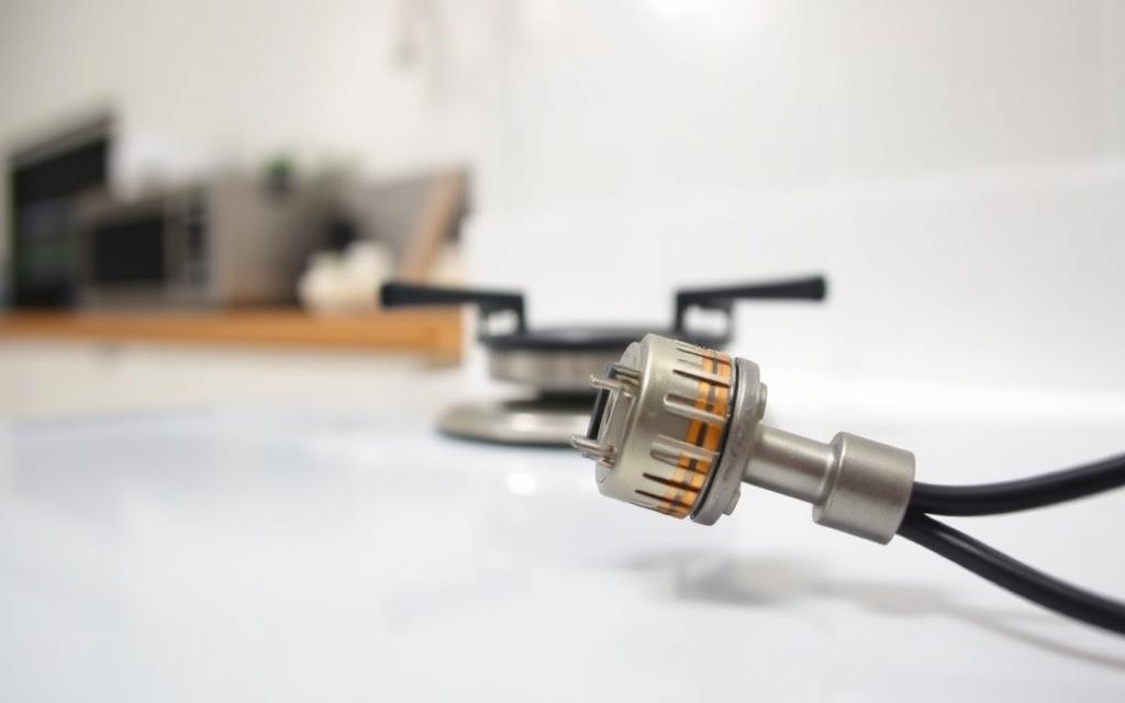 A detailed, close-up view of a gas burner igniter in a well-lit home kitchen setting. The igniter is in the foreground, showcasing its intricate metal components and electrical connections. The burner itself is visible in the middle ground, providing context. The background features a clean, minimalist kitchen surface, creating a sense of focus on the repair task at hand. Soft, even lighting illuminates the scene, with a slight shadow cast by the igniter. The overall mood is one of precision and technical focus, suitable for illustrating a step-by-step guide to replacing a gas stove igniter. A detailed, close-up view of a gas burner igniter in a well-lit home kitchen setting. The igniter is in the foreground, showcasing its intricate metal components and electrical connections. The burner itself is visible in the middle ground, providing context. The background features a clean, minimalist kitchen surface, creating a sense of focus on the repair task at hand. Soft, even lighting illuminates the scene, with a slight shadow cast by the igniter. The overall mood is one of precision and technical focus, suitable for illustrating a step-by-step guide to replacing a gas stove igniter.