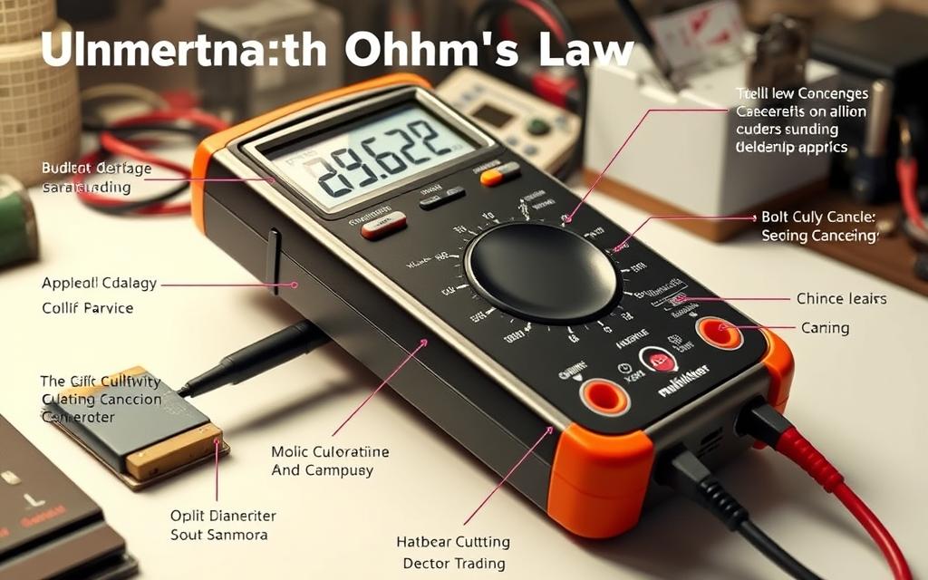 A detailed diagram of a multimeter, showcasing its functions and usage in the context of understanding Ohm's Law. The multimeter is depicted on a clean, well-lit workbench, with various electronic components nearby. The display shows clear readings, and the multimeter's knobs and ports are highlighted, conveying a sense of precision and technical understanding. The overall scene is rendered with a technical, instructional aesthetic, inviting the viewer to learn and apply the concepts of Ohm's Law.