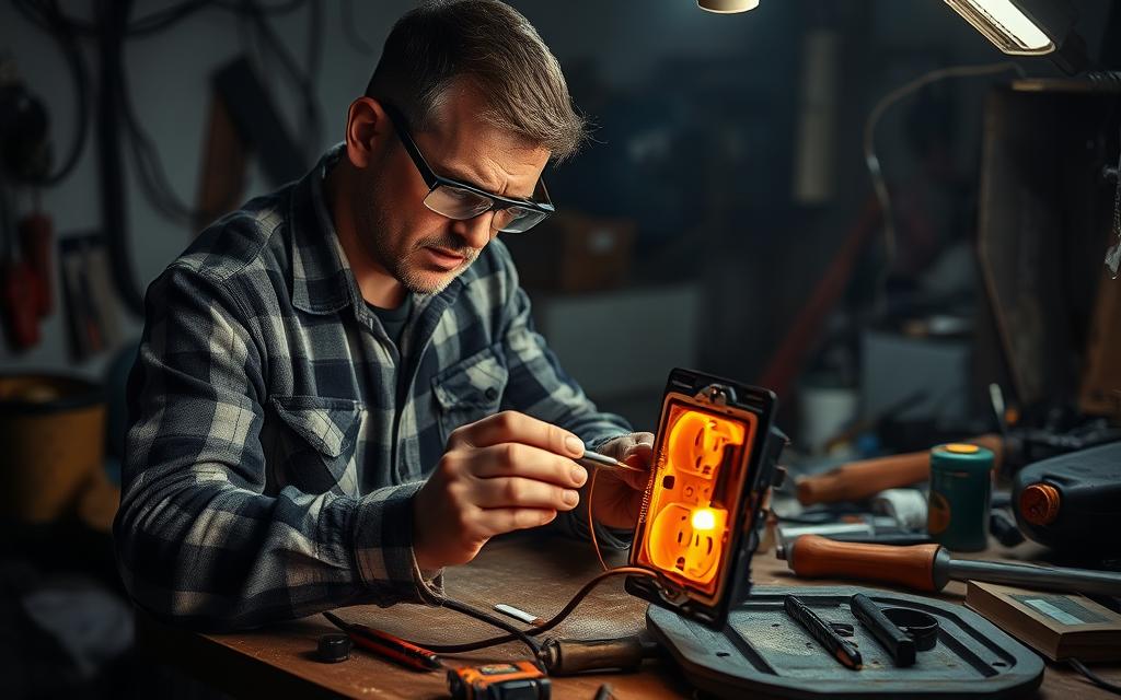 A dimly lit, cluttered workbench with a frustrated technician examining an overheated electrical outlet. The outlet is disassembled, revealing its internal components. The technician, wearing a flannel shirt and safety goggles, is carefully inspecting the wiring and connections, trying to diagnose the issue. The background is hazy, with various tools and equipment scattered around, creating a sense of tension and urgency. The lighting is harsh, casting dramatic shadows and highlighting the intensity of the troubleshooting process. The overall mood is one of problem-solving, with the technician determined to find the root cause of the overheating.