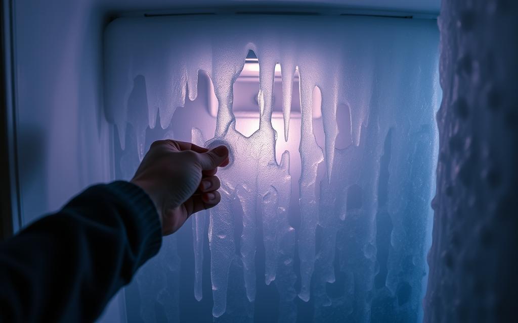 A dimly lit freezer interior, its walls coated in thick, jagged icicles. The compressor hums faintly, struggling against the encroaching frost. In the foreground, a hand pulls at the icy door seal, revealing the extent of the problem. The scene conveys a sense of frustration and the need for professional intervention, as the homeowner faces a complex freezer icing issue beyond their DIY capabilities.