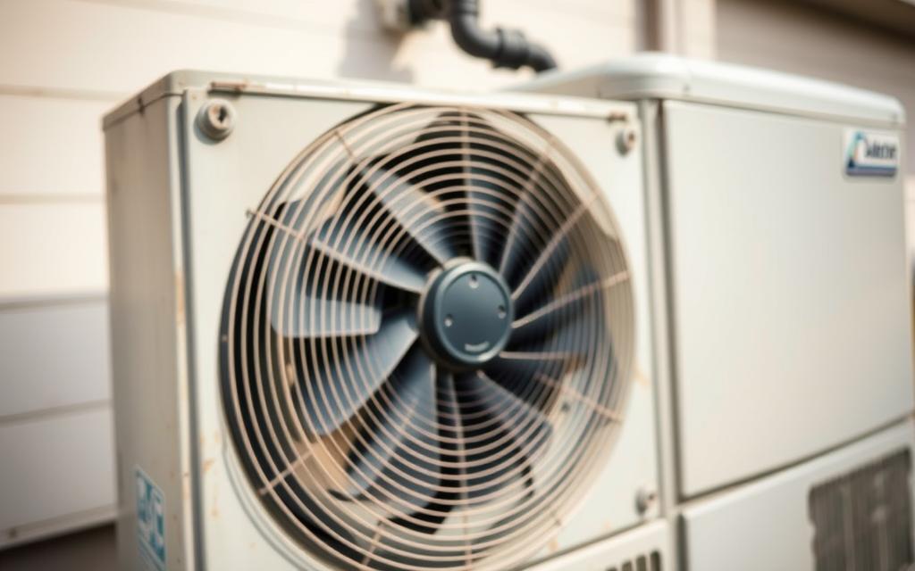 A high-quality, close-up view of a noisy outdoor air conditioning unit, with a focus on the compressor housing and fan blades. The unit is positioned in a well-lit, slightly overcast outdoor setting, casting soft shadows. The focus is sharp, capturing the intricate details of the unit's components, including the vibrating fan blades and the rough, weathered surface of the housing. The overall mood is one of concern and a need for improvement, hinting at the challenges of maintaining a quiet and efficient AC system.