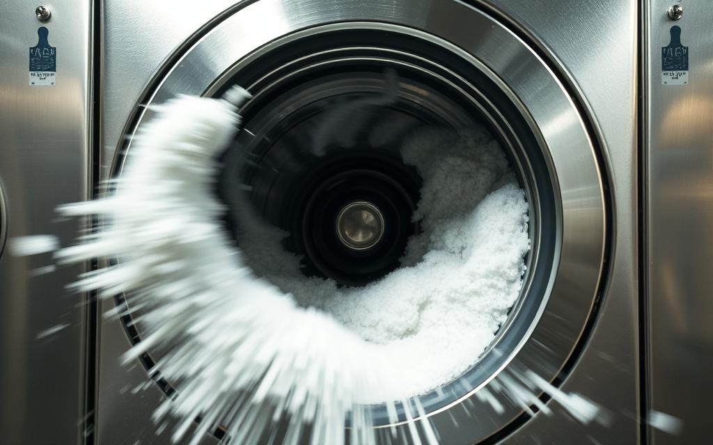 A large, industrial-grade washing machine vigorously spinning its load, the drum spinning at a rapid pace, water and suds churning violently. The machine dominates the frame, its metal body gleaming under bright, overhead lighting that casts dramatic shadows across its surface. The spin cycle is in full force, the machine shaking and vibrating as it works, generating a cacophony of mechanical noise. The scene conveys the immense power and energy required to clean heavily soiled fabrics, a metaphor for the intense strain placed on the machine's components during this phase of the wash cycle.