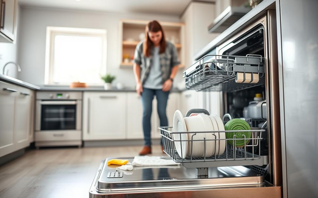 A modern, fully-equipped kitchen with a stainless steel dishwasher in the foreground. The dishwasher door is open, revealing a disassembled interior with cleaning tools and supplies nearby. The middle ground shows a person in casual attire, carefully inspecting the dishwasher and considering how to address the persistent odor issue. The background features bright, natural lighting filtering in through a large window, creating a warm and inviting atmosphere. The scene conveys a sense of problem-solving and attention to detail, with the goal of restoring the dishwasher's cleanliness and freshness.