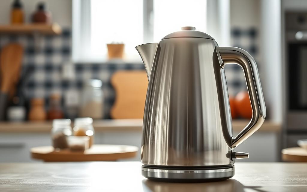A modern kitchen counter with a sleek stainless steel kettle in the foreground, backlit by natural light streaming in from a window. The kettle's smooth, streamlined design and chrome finish catch the light, creating highlights and reflections. In the middle ground, various kitchen items like spice jars, utensils, and a cutting board provide context. The background blurs softly, emphasizing the kettle as the focal point. The scene conveys a sense of simplicity, functionality, and effortless style, reflecting the key features one should consider when choosing a new, high-quality kettle. A modern kitchen counter with a sleek stainless steel kettle in the foreground, backlit by natural light streaming in from a window. The kettle's smooth, streamlined design and chrome finish catch the light, creating highlights and reflections. In the middle ground, various kitchen items like spice jars, utensils, and a cutting board provide context. The background blurs softly, emphasizing the kettle as the focal point. The scene conveys a sense of simplicity, functionality, and effortless style, reflecting the key features one should consider when choosing a new, high-quality kettle.