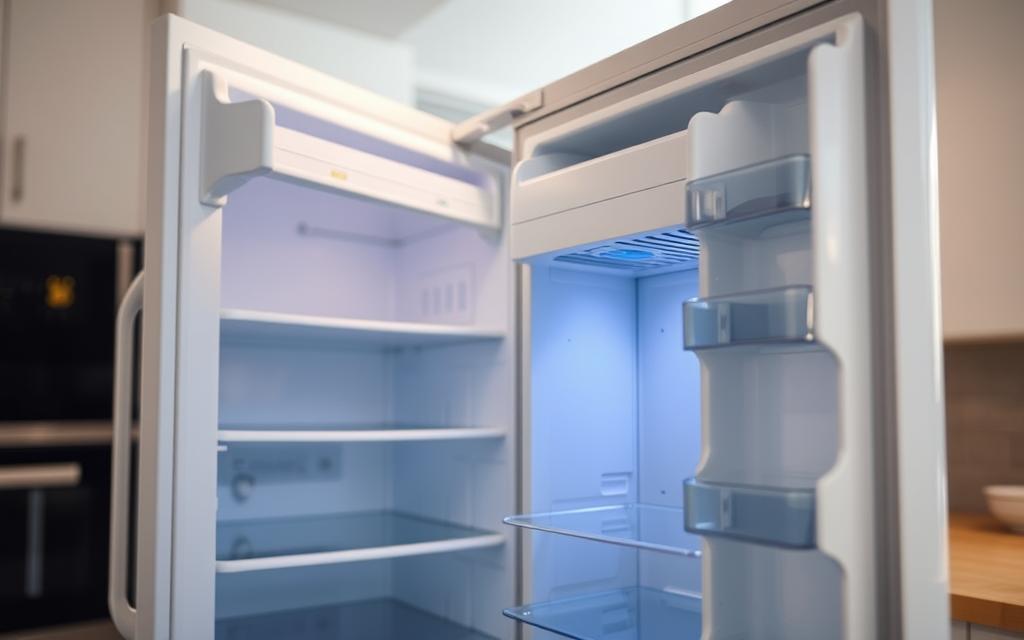 A modern refrigerator in a clean, well-lit kitchen. The fridge door is open, revealing the interior with its shelves and compartments. The lighting is soft and natural, casting subtle shadows. The focus is on the back of the fridge, where the cooling coils and compressor are visible, cycling on and off intermittently. The overall mood is one of quiet efficiency, capturing the ebb and flow of the fridge's cooling system as it maintains the optimal temperature for food preservation.