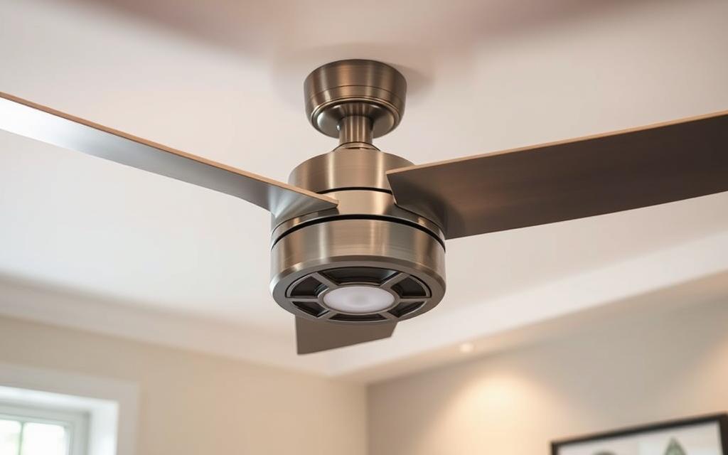 A modern, sleek ceiling fan in a well-lit room, with a brushed nickel finish and three flat, rectangular blades. The fan's motor housing is smooth and streamlined, with subtle geometric details. Soft, indirect lighting creates a warm, inviting atmosphere, highlighting the fan's upgraded aesthetic. The room features minimalist decor, with clean lines and neutral tones that complement the fan's contemporary design. The camera angle captures the fan from a slightly elevated perspective, showcasing its elegant form and efficient, whisper-quiet operation.