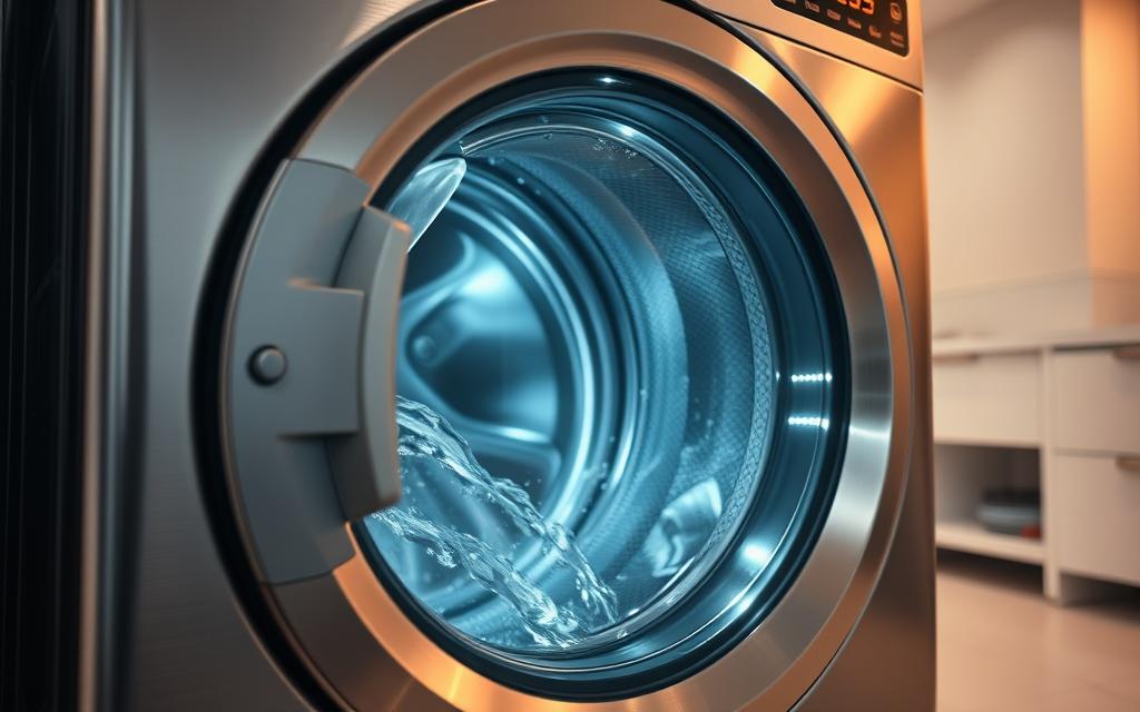 A modern washer filling and draining itself, the soft hum of the motor and the gentle sloshing of water creating a calming ambiance. In the foreground, the washer's control panel illuminates with status lights, while the transparent door reveals the swirling water. Warm, diffused lighting from overhead casts a glow on the stainless steel exterior, highlighting its sleek, minimalist design. In the background, a clean, tidy laundry room with white walls and a tiled floor, creating a sense of order and efficiency. The scene conveys the cost-effective convenience of a self-regulating appliance, a testament to engineering and technological advancements. A modern washer filling and draining itself, the soft hum of the motor and the gentle sloshing of water creating a calming ambiance. In the foreground, the washer's control panel illuminates with status lights, while the transparent door reveals the swirling water. Warm, diffused lighting from overhead casts a glow on the stainless steel exterior, highlighting its sleek, minimalist design. In the background, a clean, tidy laundry room with white walls and a tiled floor, creating a sense of order and efficiency. The scene conveys the cost-effective convenience of a self-regulating appliance, a testament to engineering and technological advancements.