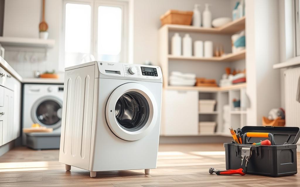 A modern, well-lit kitchen interior with a white washing machine in the foreground. The washing machine is tilted slightly, with one leg raised off the floor, simulating an unbalanced state. The mid-ground features a toolbox and various household tools, hinting at the necessary steps to fix the issue. The background showcases clean, organized shelves with laundry supplies. The overall lighting is bright and natural, emphasizing the sense of a practical, problem-solving scenario. The composition guides the viewer's eye towards the washing machine, encouraging close inspection of the issue at hand. A modern, well-lit kitchen interior with a white washing machine in the foreground. The washing machine is tilted slightly, with one leg raised off the floor, simulating an unbalanced state. The mid-ground features a toolbox and various household tools, hinting at the necessary steps to fix the issue. The background showcases clean, organized shelves with laundry supplies. The overall lighting is bright and natural, emphasizing the sense of a practical, problem-solving scenario. The composition guides the viewer's eye towards the washing machine, encouraging close inspection of the issue at hand.