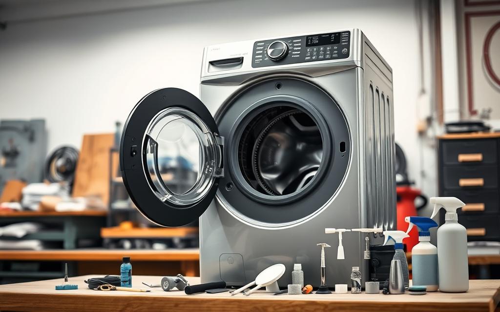 A modern, well-lit workshop interior with a front-loading washing machine positioned prominently. The machine has been opened, revealing its inner workings. Next to it, an array of cleaning tools and replacement parts are neatly organized on a workbench, suggesting an upgrade or maintenance process. The lighting is bright and evenly distributed, casting soft shadows that highlight the machine's mechanical details. The overall atmosphere conveys a sense of order, productivity, and a commitment to improving the washer's efficiency and reducing lint buildup.