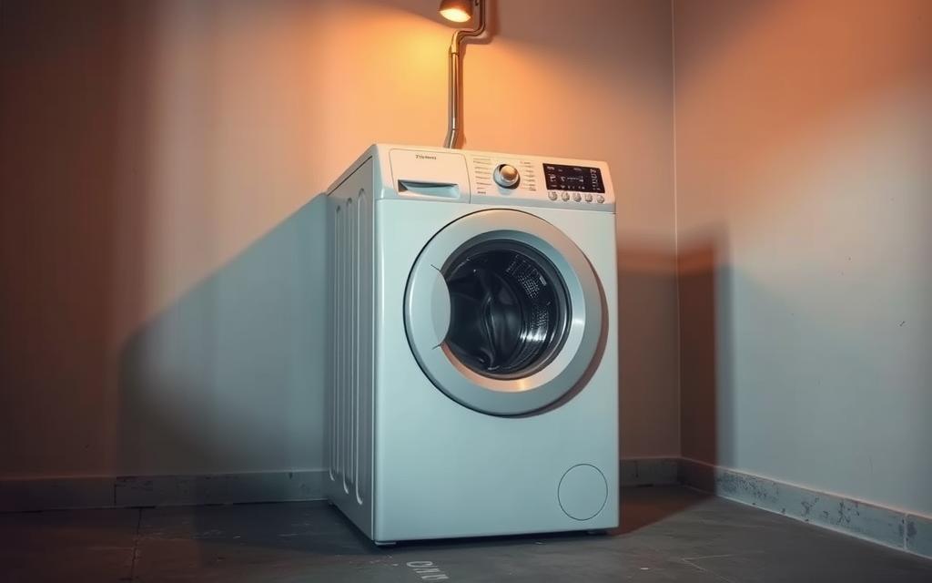 A modern white washing machine sits in a dimly lit utility room, its control panel unlit and lifeless. The machine's exterior is pristine, yet an air of mystery surrounds its lack of power. Warm incandescent lighting from a single overhead fixture casts soft shadows, emphasizing the machine's imposing yet passive presence. The concrete floor and plain walls create a utilitarian, industrial atmosphere, hinting at the underlying safety mechanisms that may be preventing the washer from starting. The scene evokes a sense of troubleshooting, inviting the viewer to investigate the potential causes of the machine's unresponsive state.