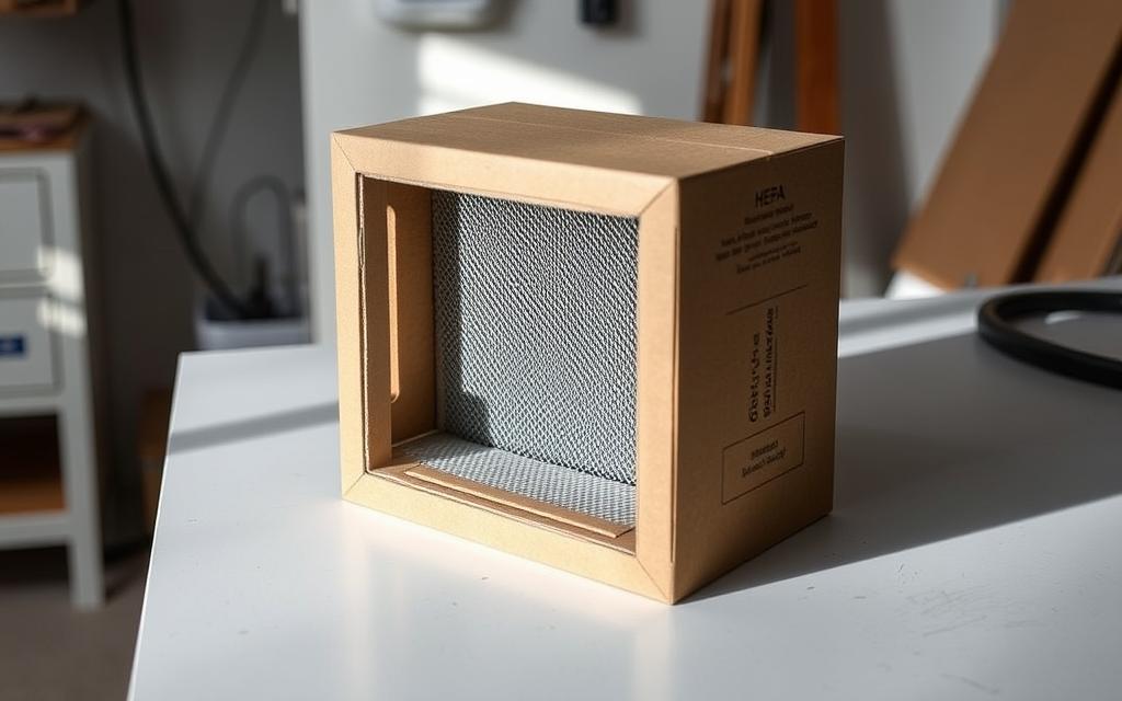 A neatly constructed homemade HEPA pre-filter sits on a clean, well-lit workbench. The filter housing is made of sturdy cardboard, with a fine mesh screen material visibly covering the air intake opening. The design features a sleek, minimalist aesthetic, conveying a sense of thoughtful craftsmanship. The lighting, captured from a slightly elevated angle, casts soft shadows that accentuate the texture and form of the pre-filter, highlighting its functional purpose. The overall scene exudes a tone of practical DIY ingenuity, setting the stage for a detailed examination of this homemade air purification solution. A neatly constructed homemade HEPA pre-filter sits on a clean, well-lit workbench. The filter housing is made of sturdy cardboard, with a fine mesh screen material visibly covering the air intake opening. The design features a sleek, minimalist aesthetic, conveying a sense of thoughtful craftsmanship. The lighting, captured from a slightly elevated angle, casts soft shadows that accentuate the texture and form of the pre-filter, highlighting its functional purpose. The overall scene exudes a tone of practical DIY ingenuity, setting the stage for a detailed examination of this homemade air purification solution.