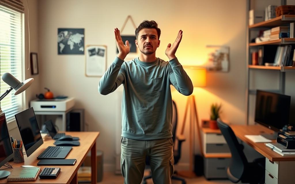 A neatly organized home office, with a desk, laptop, and various office supplies. In the center, a person in casual attire stands, hands raised, with a contemplative expression, indicating a moment of uncertainty. The background is softly blurred, focusing the viewer's attention on the subject. Warm, diffused lighting casts gentle shadows, creating an atmosphere of thoughtfulness. The scene suggests a person considering when to call a technician for assistance with a technical issue, reflecting the article's section on "Preparing for a Technician Visit."