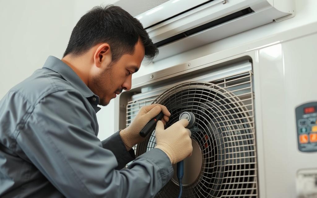 A professional technician closely examining the internal components of an air conditioning unit, using specialized tools and equipment. The scene is well-lit, with soft shadows and a focused, technical atmosphere. The technician's face is obscured, emphasizing the technical nature of the task. The background is clean and uncluttered, allowing the viewer to focus on the intricate details of the AC unit. The overall impression is one of careful, methodical troubleshooting by an experienced professional.