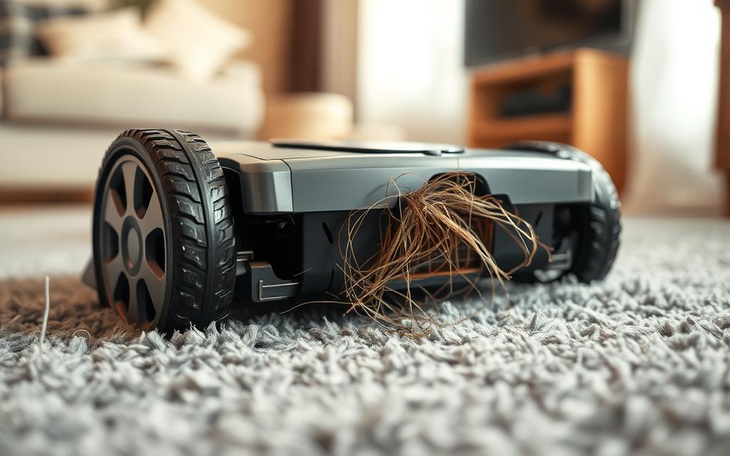 A robotic vacuum cleaner is stuck on a shaggy gray carpet, its wheels spinning frantically as it attempts to free itself. The scene is captured in a warm, natural lighting, with a slightly low camera angle that emphasizes the vacuum's struggle. The middle ground shows the vacuum's sleek, cylindrical body and the tangle of stray threads and fibers caught in its brushes. The background fades into a softly blurred domestic interior, hinting at the user's living room or home environment. The overall mood conveys a sense of frustration and the need for a solution to the common problem of robot vacuums becoming trapped on carpeted surfaces.