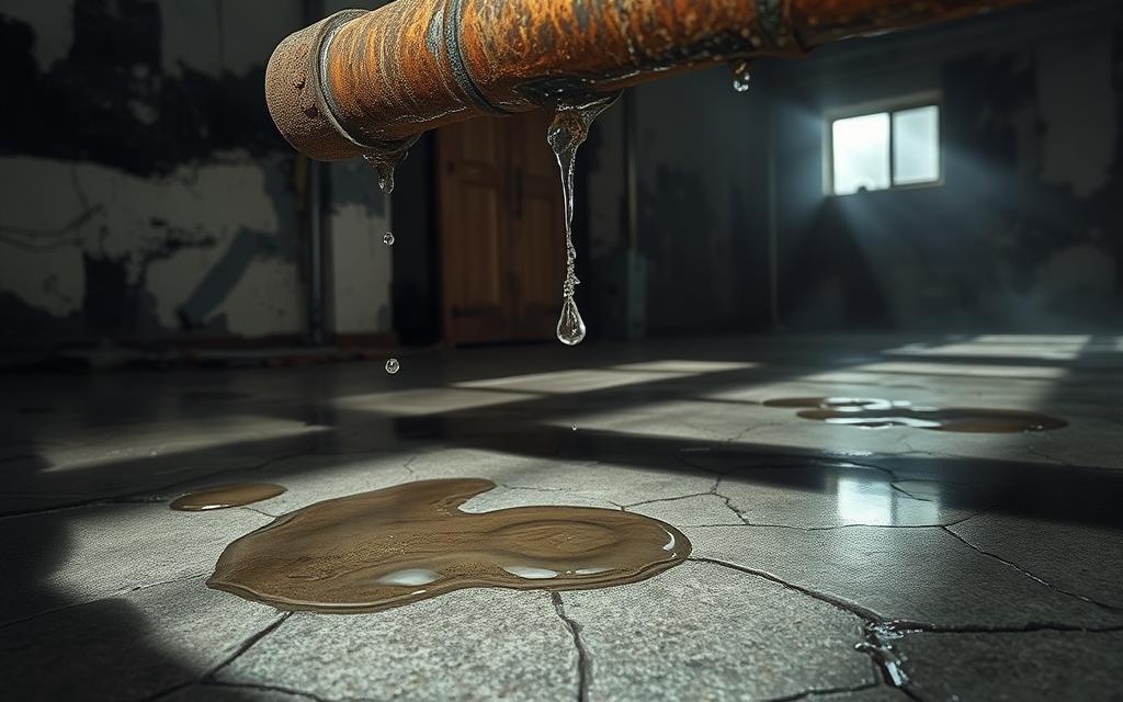 A rusted iron pipe, dripping water, casting long shadows on a cracked concrete floor. In the foreground, puddles reflect a distorted, warped reality. The middle ground features a neglected, dilapidated environment - peeling paint, decaying wood, and signs of moisture damage. The background is shrouded in a hazy, foreboding atmosphere, with ominous shadows creeping in. Harsh, directional lighting accentuates the grime and decay, creating a sense of urgency and the consequences of ignoring the problem. The overall scene conveys a sense of disrepair, neglect, and the potential for more significant damage if the leaking pipe is not addressed promptly.
