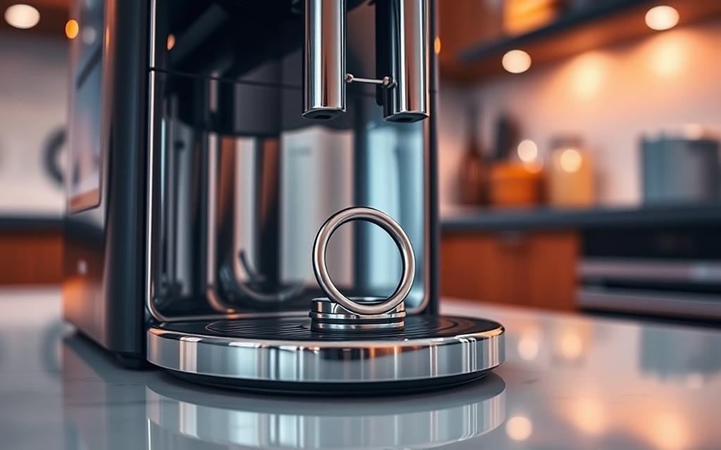 A sleek, modern capsule coffee machine rests on a polished countertop, its gleaming chrome exterior reflecting the warm, ambient lighting of the kitchen. The machine's nozzle and surrounding area are prominently featured, with a focus on the O-ring seal that helps prevent leaks. The O-ring is highlighted, showcasing its design and placement within the machine's mechanism. The image conveys a sense of efficiency and attention to detail, suggesting solutions to the common problem of coffee machine leaks. The overall composition and lighting create a professional, informative tone suitable for a consumer review section.