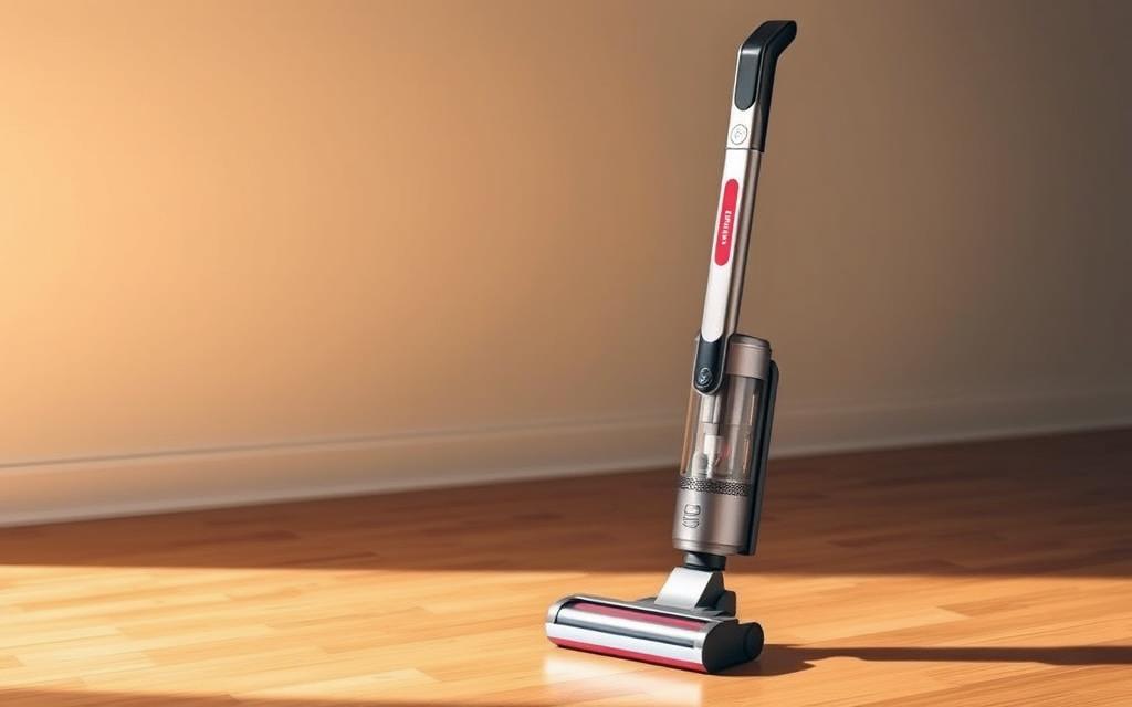 A sleek, modern stick vacuum with a striking silver and black design, standing upright on a clean, hardwood floor. The vacuum has a transparent dustbin, showcasing the powerful suction capabilities. The handle features intuitive controls and a slim, ergonomic design for effortless maneuverability. Warm, directional lighting illuminates the scene, casting subtle shadows and highlighting the clean, contemporary aesthetic. The image conveys a sense of efficiency and innovation, hinting at the benefits of upgrading a dated stick vacuum to this cutting-edge model. A sleek, modern stick vacuum with a striking silver and black design, standing upright on a clean, hardwood floor. The vacuum has a transparent dustbin, showcasing the powerful suction capabilities. The handle features intuitive controls and a slim, ergonomic design for effortless maneuverability. Warm, directional lighting illuminates the scene, casting subtle shadows and highlighting the clean, contemporary aesthetic. The image conveys a sense of efficiency and innovation, hinting at the benefits of upgrading a dated stick vacuum to this cutting-edge model.