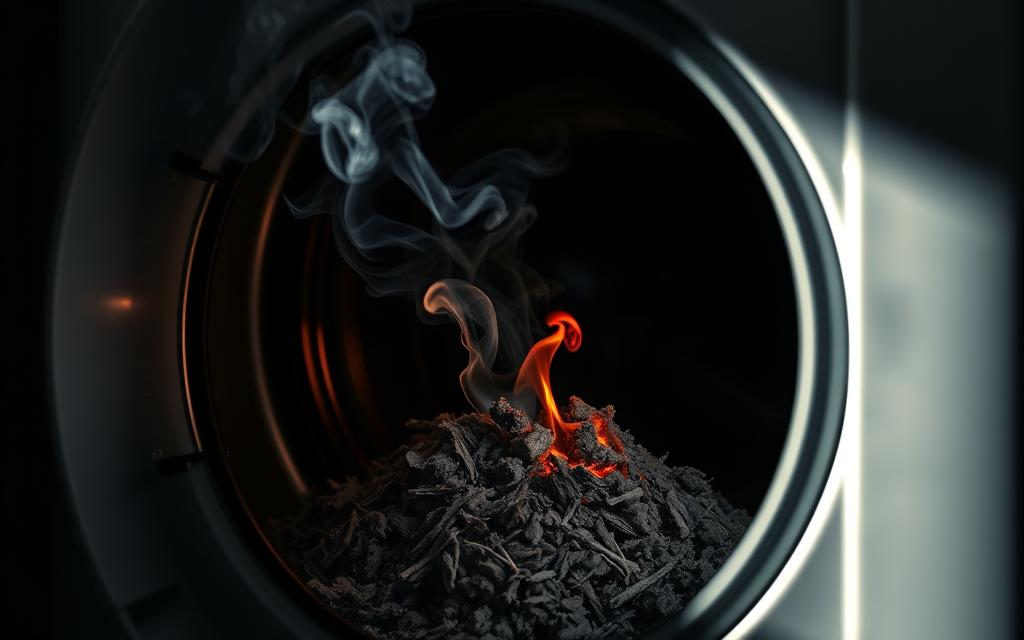 A smoldering pile of lint and debris spills out from the open dryer door, casting an ominous glow. Wisps of acrid smoke curl upwards, permeating the dimly lit laundry room. The dryer's metal exterior is scorched, the air thick with the pungent scent of burning fabric. Shadows loom ominously, heightening the sense of danger. Harsh shadows and harsh lighting create a foreboding, high-contrast atmosphere, underscoring the urgency of the situation. A tinge of orange-red fire flickers within the machine, hinting at the potential for disaster if left unchecked. The scene evokes a sense of immediate hazard, compelling the viewer to address the burning smell before it escalates.