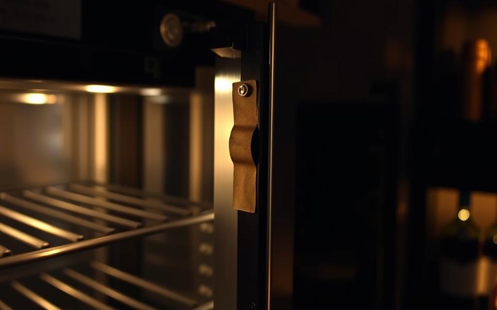 A stainless steel wine cooler door partially open, revealing a loose, worn-out gasket. The door is slightly ajar, casting a soft, warm light from the interior illumination onto the exposed gasket. The scene is captured from a slightly low angle, emphasizing the details of the gasket's condition. The surrounding area is dimly lit, creating a moody, atmospheric setting. The image conveys the need for a closer inspection and potential replacement of the faulty gasket to ensure a proper seal and optimal wine storage temperature. A stainless steel wine cooler door partially open, revealing a loose, worn-out gasket. The door is slightly ajar, casting a soft, warm light from the interior illumination onto the exposed gasket. The scene is captured from a slightly low angle, emphasizing the details of the gasket's condition. The surrounding area is dimly lit, creating a moody, atmospheric setting. The image conveys the need for a closer inspection and potential replacement of the faulty gasket to ensure a proper seal and optimal wine storage temperature.