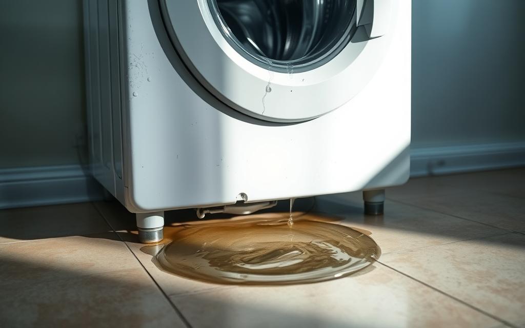 A washing machine sits on a tiled floor, water leaking from the base, forming a small puddle around its feet. The machine's exterior is weathered, with visible signs of age and use. The lighting is soft and diffuse, casting long shadows that add depth and dimension to the scene. The camera angle is slightly low, capturing the machine's bulk and mass, while also highlighting the water damage. The overall mood is one of concern and problem-solving, with the leaking machine suggesting the need for immediate attention and potential professional intervention. A washing machine sits on a tiled floor, water leaking from the base, forming a small puddle around its feet. The machine's exterior is weathered, with visible signs of age and use. The lighting is soft and diffuse, casting long shadows that add depth and dimension to the scene. The camera angle is slightly low, capturing the machine's bulk and mass, while also highlighting the water damage. The overall mood is one of concern and problem-solving, with the leaking machine suggesting the need for immediate attention and potential professional intervention.