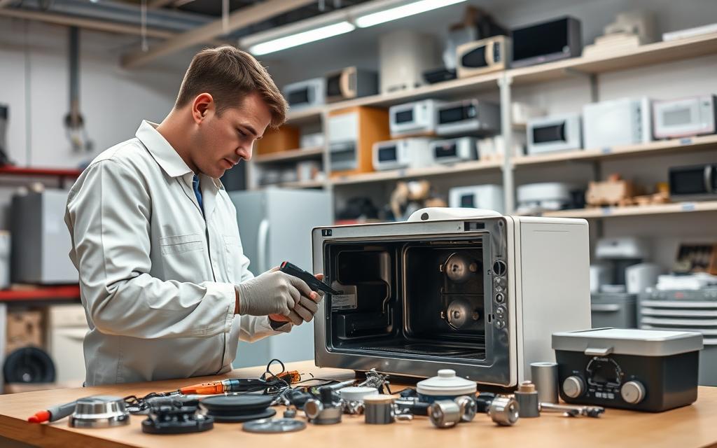 A well-equipped workshop with a bright, focused lighting setup. In the foreground, a technician in a clean, professional uniform diligently examines the inner workings of a disassembled household appliance, likely a microwave, using specialized tools. The middle ground features an assortment of neatly organized spare parts and diagnostic equipment, conveying expertise and attention to detail. The background showcases a wall of shelves stocked with various appliance models, hinting at the technician's extensive experience and the range of services offered. The overall scene exudes a sense of competence, problem-solving, and a commitment to providing high-quality repair services.
