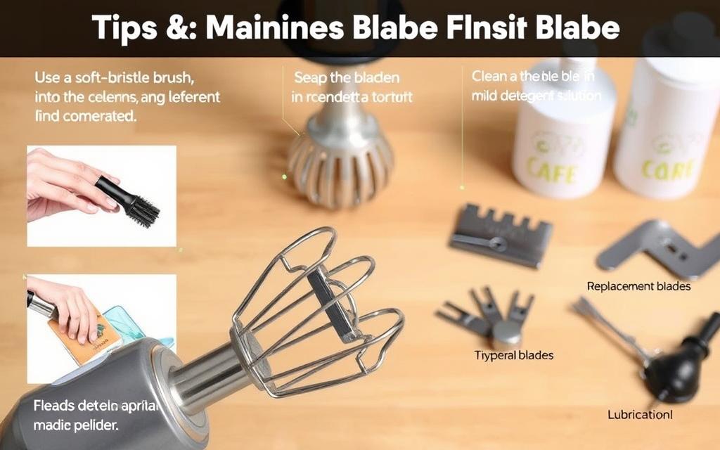 A well-lit, close-up photograph of various tips and techniques for maintaining the blade of a hand blender. In the foreground, the blender blade is prominently displayed, with a focus on its shape, material, and any detachable parts. The middle ground showcases different cleaning methods, such as using a soft-bristle brush or soaking the blade in a mild detergent solution. In the background, a clean, organized workspace with additional hand blender accessories, like replacement blades or lubrication tools, sets the stage for a comprehensive understanding of blade maintenance.