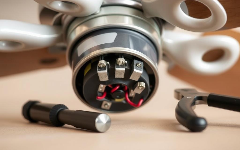 A well-lit, close-up view of a ceiling fan capacitor, with a screwdriver and pliers placed nearby. The capacitor is centered in the frame, with a detailed view of its components, including the terminals, the casing, and the wiring connections. The lighting is natural and even, with a soft, warm tone that highlights the textures and details of the capacitor. The background is blurred, creating a clean, focused composition that emphasizes the task at hand. The overall mood is one of technical precision and attention to detail, reflecting the step-by-step nature of the capacitor replacement process.
