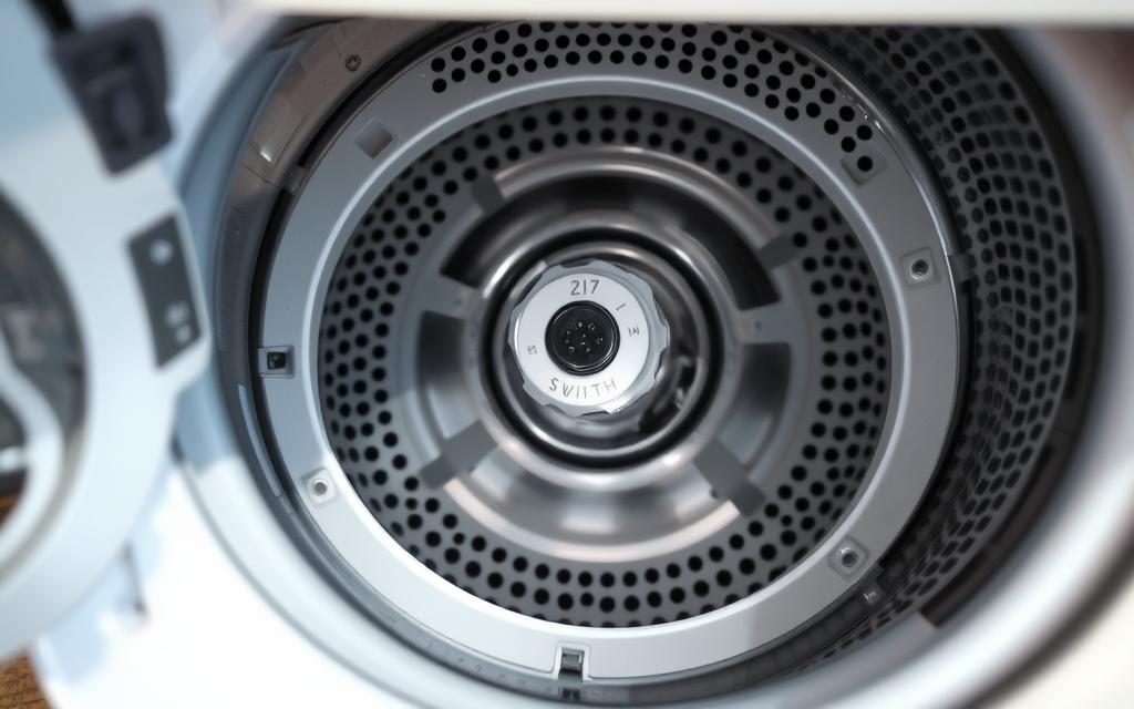 A well-lit, close-up view of a disassembled washing machine lid, showcasing its inner mechanisms. The focus is on the lid switch, a small electronic component crucial for the machine's operation. The switch is highlighted, surrounded by the intricate framework of the lid assembly. The image conveys a sense of technical complexity and the need for careful troubleshooting to diagnose and resolve any issues with the lid switch. The lighting is natural and diffuse, creating a crisp, detailed view of the components. The angle is slightly elevated, providing an ergonomic perspective for the viewer, as if they were examining the switch themselves. A well-lit, close-up view of a disassembled washing machine lid, showcasing its inner mechanisms. The focus is on the lid switch, a small electronic component crucial for the machine's operation. The switch is highlighted, surrounded by the intricate framework of the lid assembly. The image conveys a sense of technical complexity and the need for careful troubleshooting to diagnose and resolve any issues with the lid switch. The lighting is natural and diffuse, creating a crisp, detailed view of the components. The angle is slightly elevated, providing an ergonomic perspective for the viewer, as if they were examining the switch themselves.