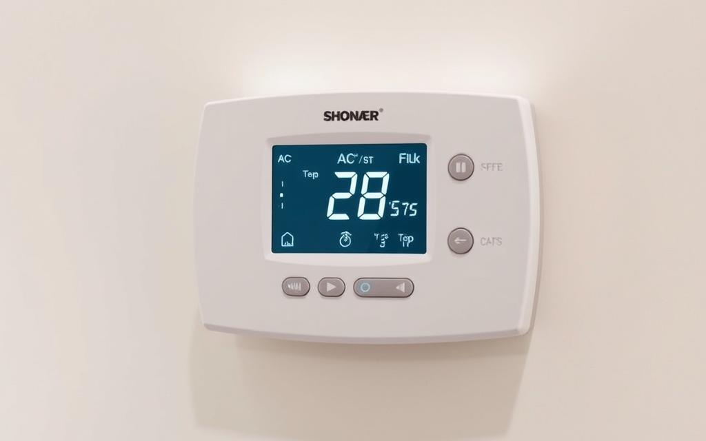 A well-lit, close-up view of a modern, digital programmable thermostat, its LCD display prominently showcasing the current AC temperature settings. The thermostat is mounted on a neutral-toned wall, with a clean, minimalist background that emphasizes the device. The display should be legible, with the temperature numbers and mode settings clearly visible. Capture the thermostat's sleek, intuitive interface, conveying a sense of precise climate control. Emphasize the thermostat's role as the central interface for regulating the air conditioning system. A well-lit, close-up view of a modern, digital programmable thermostat, its LCD display prominently showcasing the current AC temperature settings. The thermostat is mounted on a neutral-toned wall, with a clean, minimalist background that emphasizes the device. The display should be legible, with the temperature numbers and mode settings clearly visible. Capture the thermostat's sleek, intuitive interface, conveying a sense of precise climate control. Emphasize the thermostat's role as the central interface for regulating the air conditioning system.