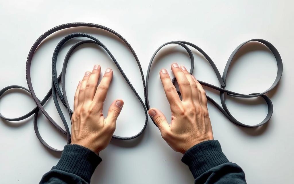 A well-lit, close-up view of a person's hands carefully examining and comparing different replacement washer belts. The belts are laid out on a clean, neutral-colored surface, allowing the texture, color, and size differences to be clearly visible. The hands are poised with a sense of focused attention, as if assessing the options to find the perfect fit for the washing machine. Soft shadows create depth, while the overall lighting conveys a sense of clarity and decision-making. The camera angle captures the process of "choosing the right replacement washer belt" in a visually engaging and informative manner.