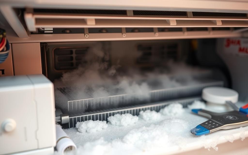A well-lit, detailed close-up view of a safe defrosting process for an air conditioning unit's evaporator. The evaporator coils are gradually thawing, with gentle steam rising from the surface. The background is a clean, sterile workspace, with specialized tools and materials arranged neatly. Warm, indirect lighting illuminates the scene, creating a sense of care and attention to the task at hand. The overall mood is one of professionalism and technical expertise, conveying the importance of proper defrosting techniques for maintaining an efficient and functional HVAC system. A well-lit, detailed close-up view of a safe defrosting process for an air conditioning unit's evaporator. The evaporator coils are gradually thawing, with gentle steam rising from the surface. The background is a clean, sterile workspace, with specialized tools and materials arranged neatly. Warm, indirect lighting illuminates the scene, creating a sense of care and attention to the task at hand. The overall mood is one of professionalism and technical expertise, conveying the importance of proper defrosting techniques for maintaining an efficient and functional HVAC system.