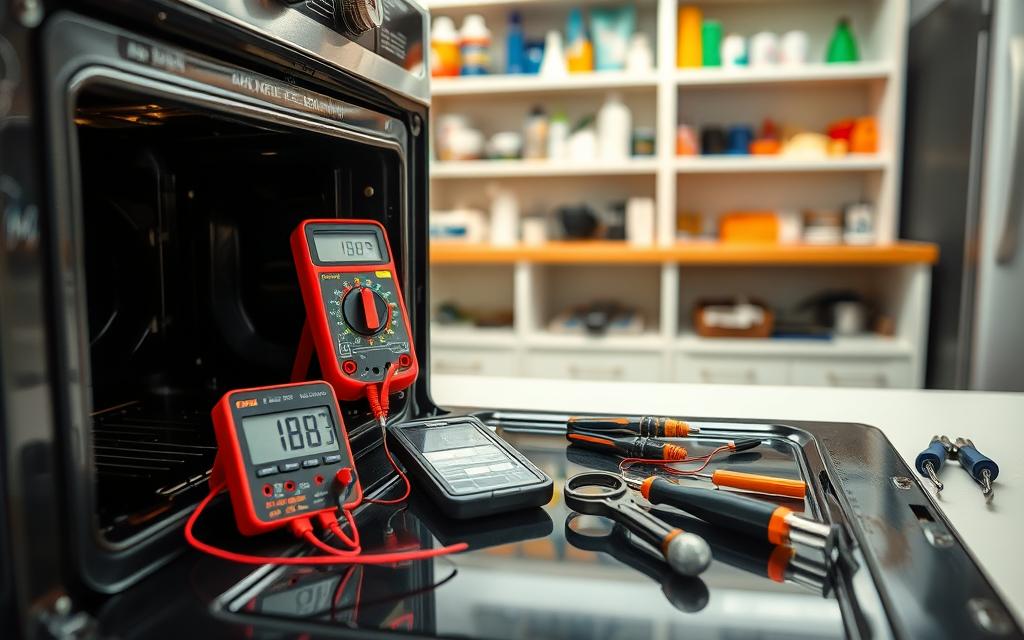 A well-lit, detailed image of a DIY electric oven repair setup. In the foreground, a partially disassembled oven with the interior components visible, showcasing a multimeter being used to test the thermostat and heating element resistance. In the middle ground, various tools and spare parts are neatly arranged, including a screwdriver, pliers, and a replacement thermostat. The background features a clean, organized workspace with shelves displaying a range of household appliance repair materials. The scene conveys a sense of problem-solving, with a focus on the technical aspects of troubleshooting and repairing a common electric oven issue. A well-lit, detailed image of a DIY electric oven repair setup. In the foreground, a partially disassembled oven with the interior components visible, showcasing a multimeter being used to test the thermostat and heating element resistance. In the middle ground, various tools and spare parts are neatly arranged, including a screwdriver, pliers, and a replacement thermostat. The background features a clean, organized workspace with shelves displaying a range of household appliance repair materials. The scene conveys a sense of problem-solving, with a focus on the technical aspects of troubleshooting and repairing a common electric oven issue.