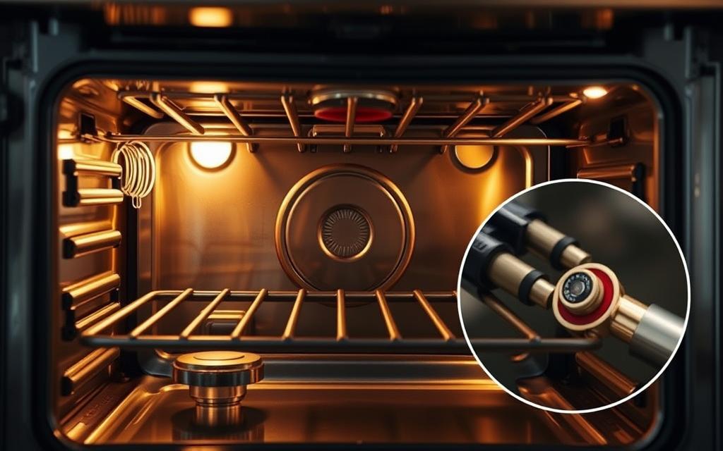 A well-lit, detailed image of a gas oven's interior, showcasing its key components for troubleshooting. The oven is open, revealing the burners, racks, and a close-up view of the thermocouple mechanism. The lighting casts warm, subtle shadows, highlighting the oven's stainless steel construction. The image conveys a sense of functionality and invites the viewer to understand the inner workings of a gas oven for maintenance and repair. The composition emphasizes the technical details while maintaining a clean, uncluttered aesthetic suitable for an instructional article.