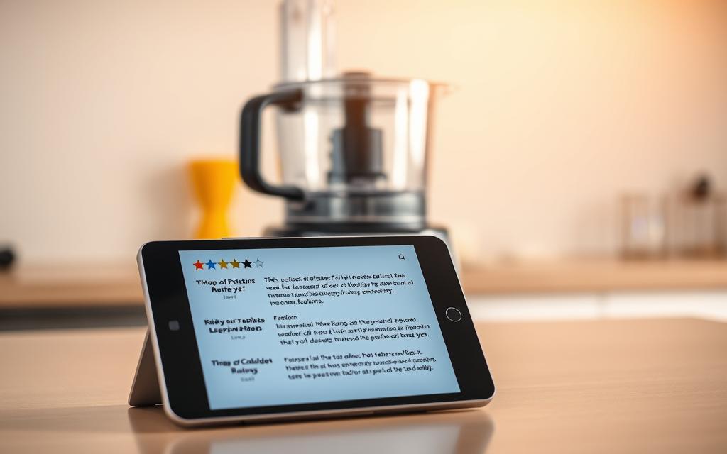 A well-lit, high-resolution image showcasing several user reviews about a food processor. The foreground features a tablet or smartphone displaying various ratings and comments from customers, with detailed descriptions of the product's performance, ease of use, and overall satisfaction. The middle ground showcases the food processor itself, placed on a clean, neutral-colored surface, captured from a slightly elevated angle to provide a clear view of the appliance. The background is softly blurred, creating a sense of depth and focus on the reviews and the product. The lighting is warm and natural, evoking a professional, yet approachable atmosphere. The overall composition conveys a sense of objectivity and authenticity, reflecting the real-world experiences of users. A well-lit, high-resolution image showcasing several user reviews about a food processor. The foreground features a tablet or smartphone displaying various ratings and comments from customers, with detailed descriptions of the product's performance, ease of use, and overall satisfaction. The middle ground showcases the food processor itself, placed on a clean, neutral-colored surface, captured from a slightly elevated angle to provide a clear view of the appliance. The background is softly blurred, creating a sense of depth and focus on the reviews and the product. The lighting is warm and natural, evoking a professional, yet approachable atmosphere. The overall composition conveys a sense of objectivity and authenticity, reflecting the real-world experiences of users.